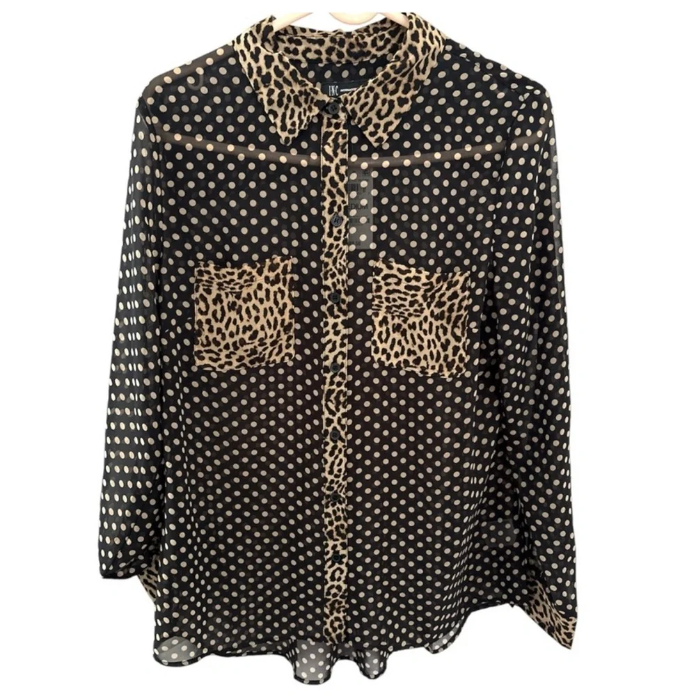 NWT INC International Concepts Black and Tan Sheer‎ Polka Dot Blouse Size Medium - Picture 4 of 10